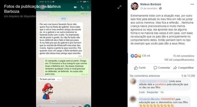 Criança pede ajuda ao pai após amigo ser chamado de 'preto e gordo' em festa infantil