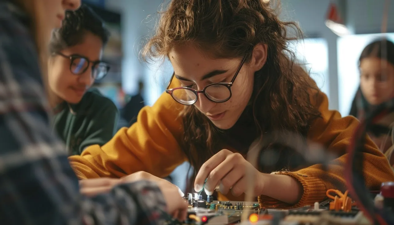 Grupo de jovens em escola com ensino voltado para a gamificação