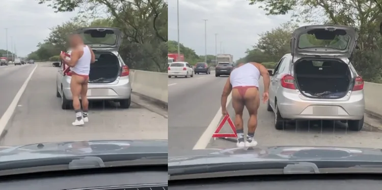 VÍDEO | De calcinha, fortão com carro quebrado pede ajuda em estrada do Rio e viraliza