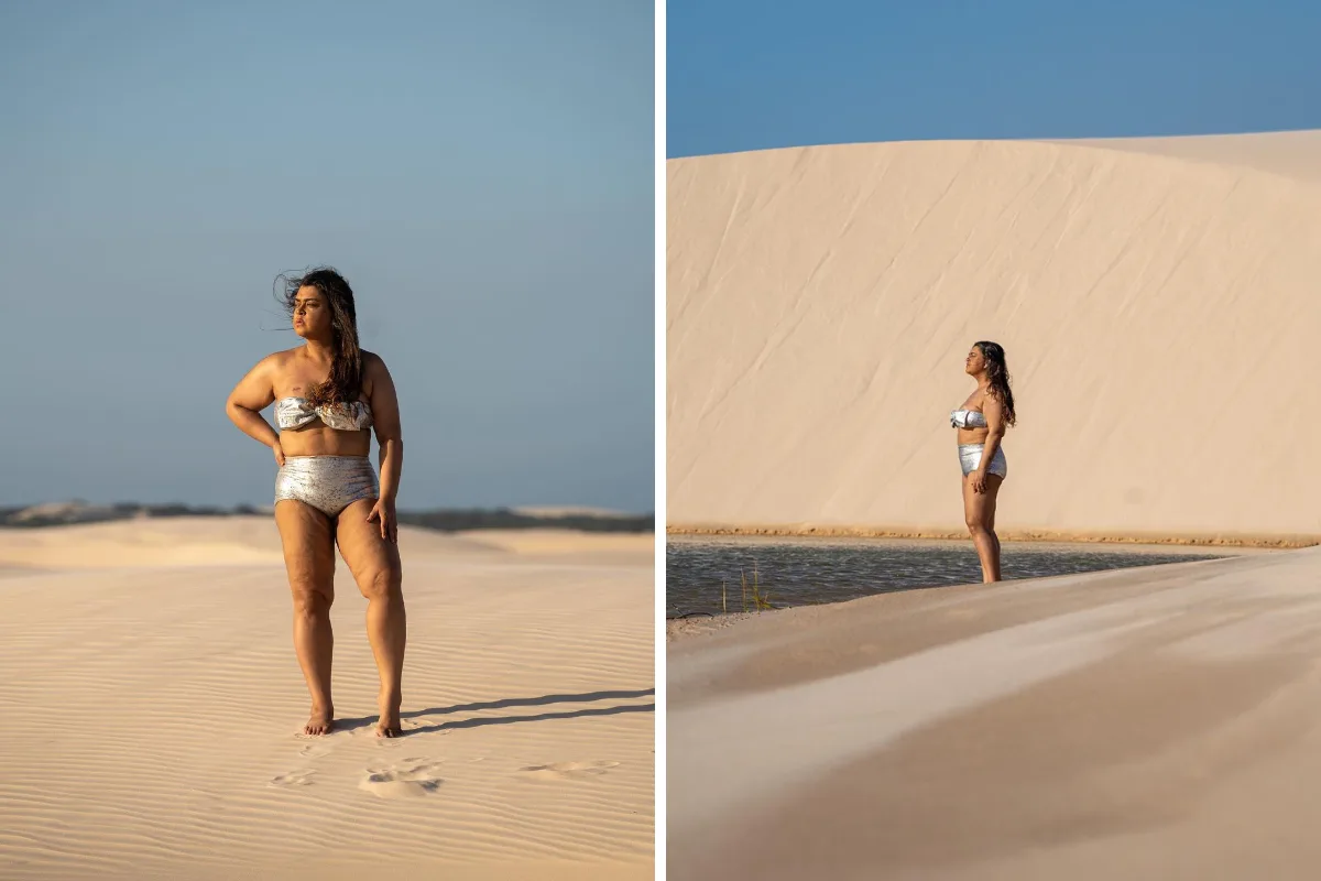 Preta Gil faz caras e bocas durante um ensaio fotográfico nos Lençóis Maranhenses