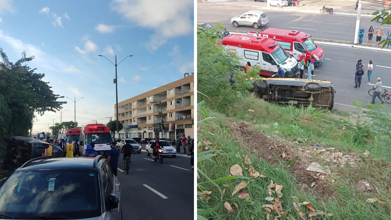 Van escolar que tombou estava com pneus carecas, sem freio e com crianças sem cinto