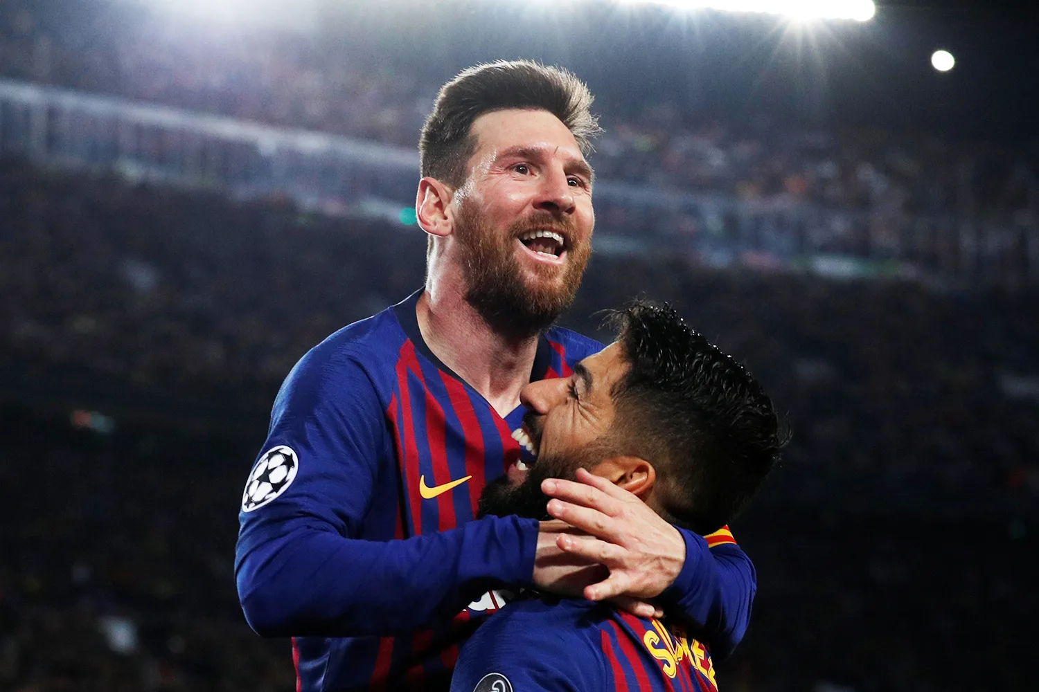 Soccer Football – Champions League Semi Final First Leg – FC Barcelona v Liverpool – Camp Nou, Barcelona, Spain – May 1, 2019 Barcelona’s Lionel Messi celebrates scoring their second goal with Luis Suarez REUTERS/Albert Gea