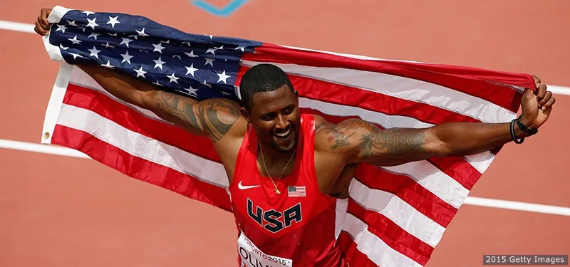 TORONTO, ON – JULY 24: David Oliver of the United States holds the American flag after winning the 110 meter hurdles final during Day 14 of the Toronto 2015 Pan Am Games on July 24, 2015 in Toronto, Canada. (Photo by Ezra Shaw/Getty Images)