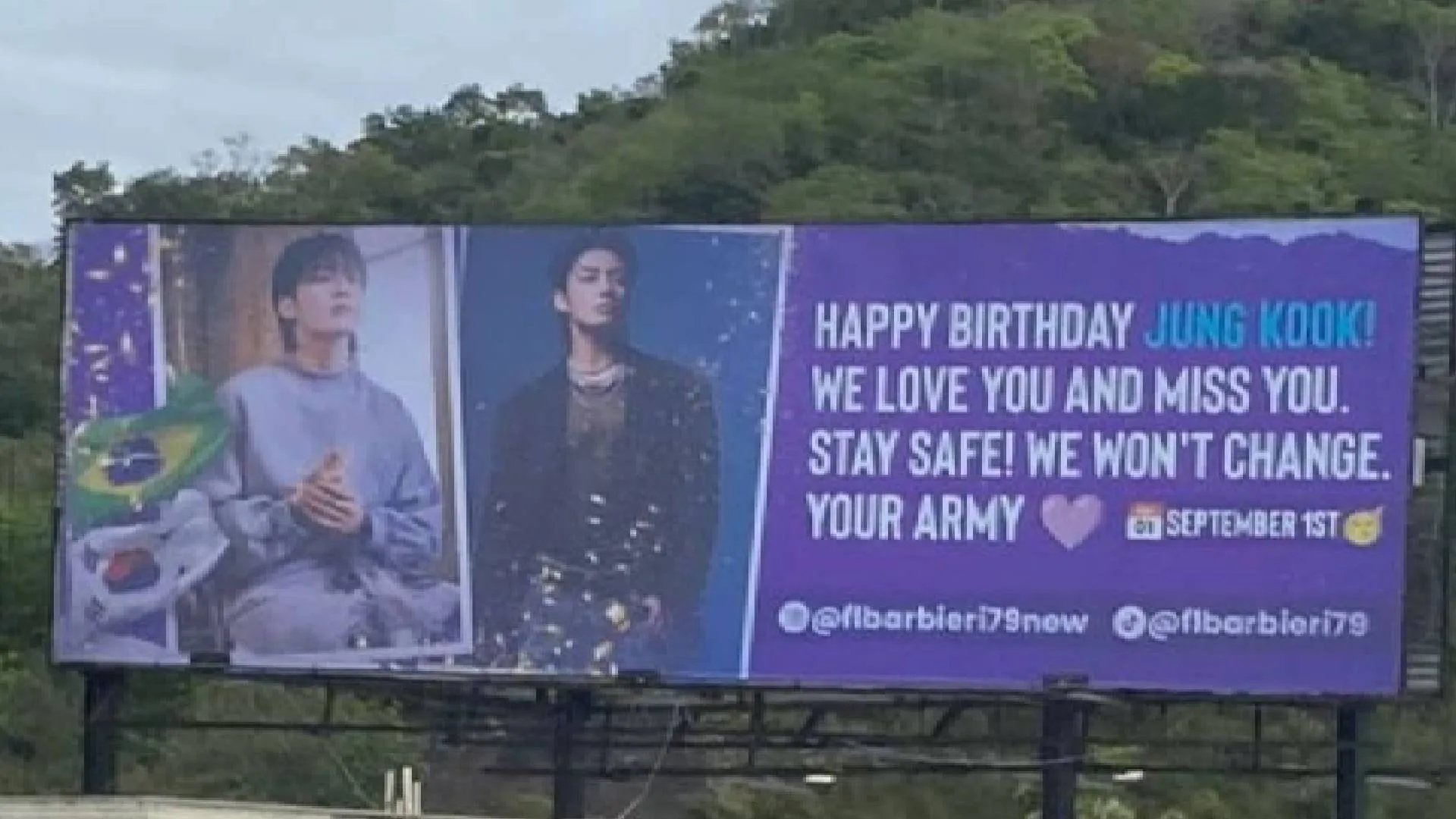 Fã homenageia Jungkook, do BTS, em outdoor na subida da Terceira Ponte