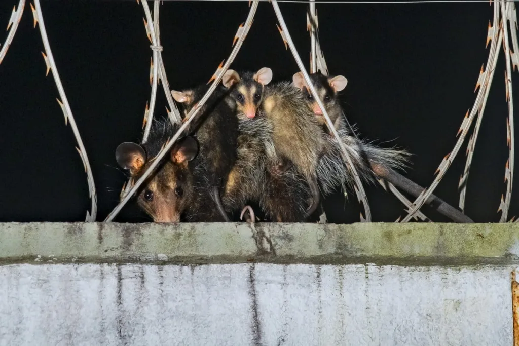 Imagem de uma mamãe gambá-de-orelha-preta atravessando arames farpados com filhotes nas costas, representando a luta pela sobrevivência em ambientes urbanos.