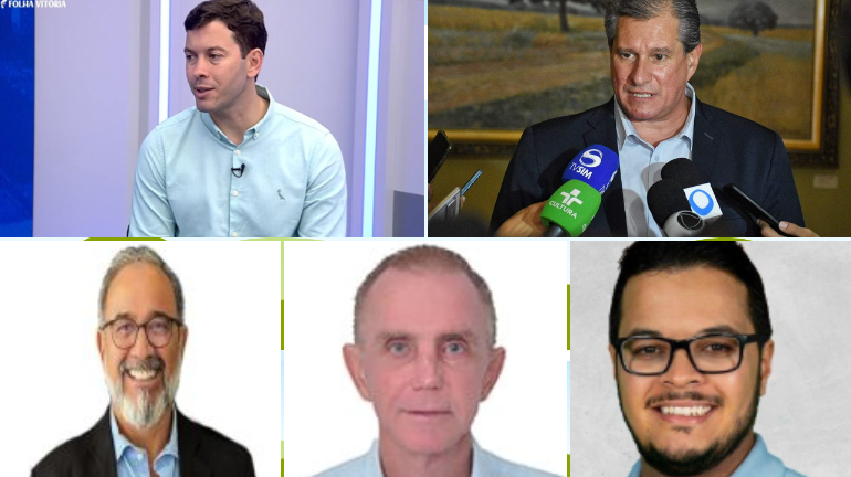 Arnaldinho Borgo, Coronel Ramalho, Babá, Maurício Gorza e Nicolas Trancho são candidatos em Vila Velha. Foto: Montagem Folha Vitória