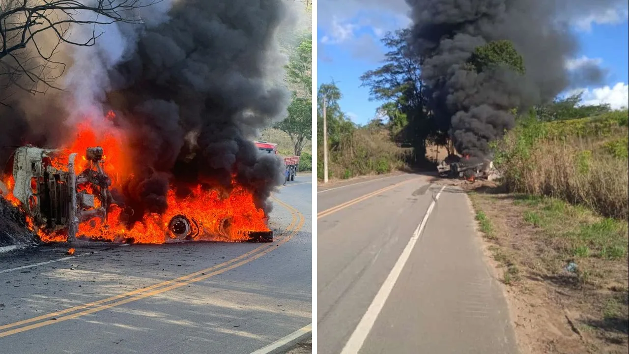 VÍDEO| Caminhão fica destruído após pegar fogo em Águia Branca