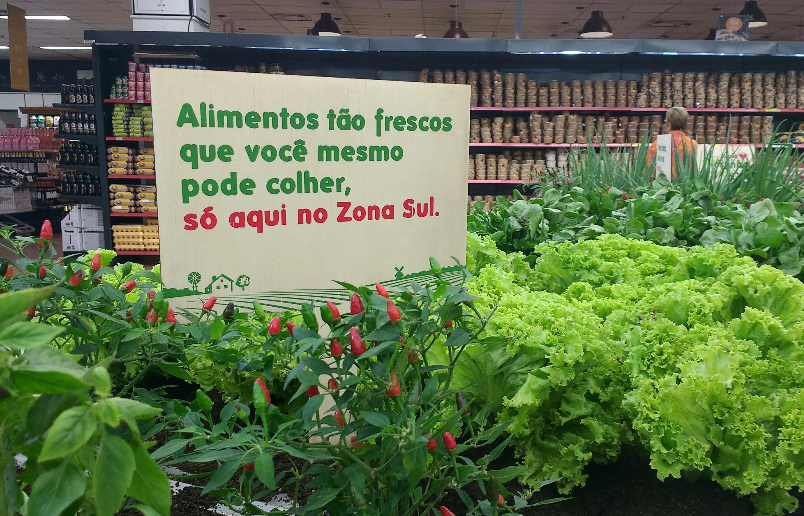 Zona Sul destaca seu cuidado com o frescor de sua oferta de hortifrúti ao transformar suas gôndolas em hortas