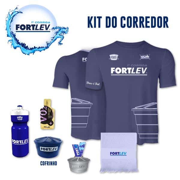 Camisa azul, cofrinho em formato de caixa d'água, squeeze, toalhinha, gel carboidrato e medalha única fazem parte do kit da Corrida Fortlev