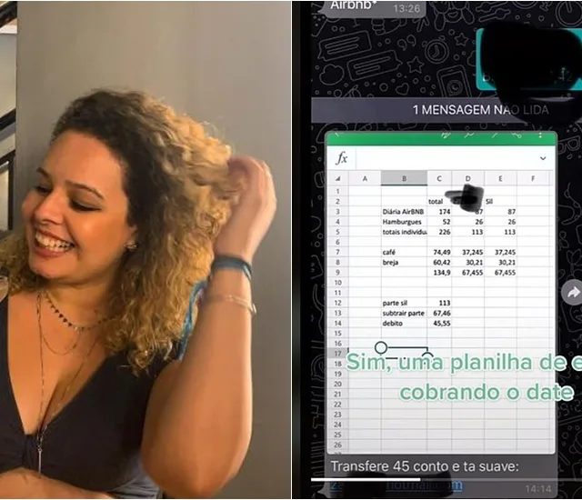 Mulher recebe planilha do Excel cobrando gastos do primeiro encontro