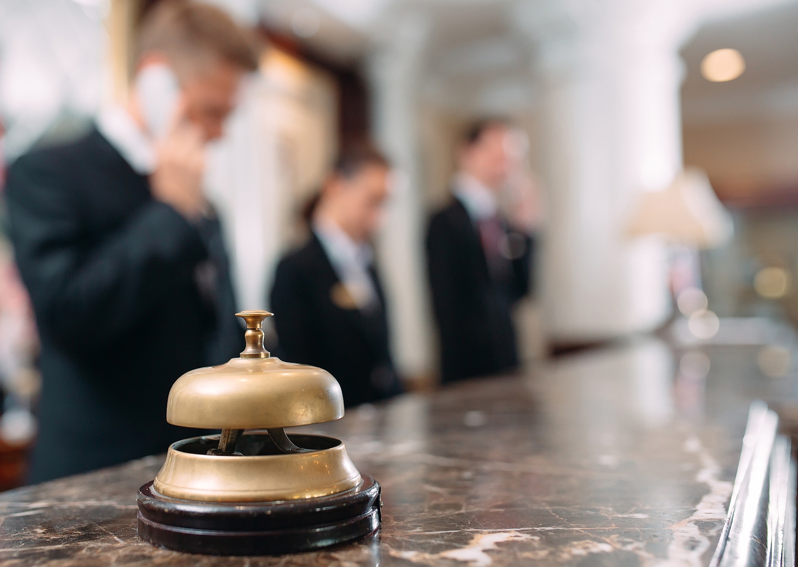 Hotel service bell Concept hotel, travel, room, Modern luxury hotel reception counter desk on background.