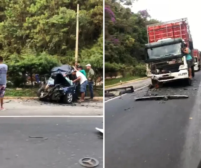 Mulher morre e três ficam feridos em acidente entre carro e caminhão na BR-262