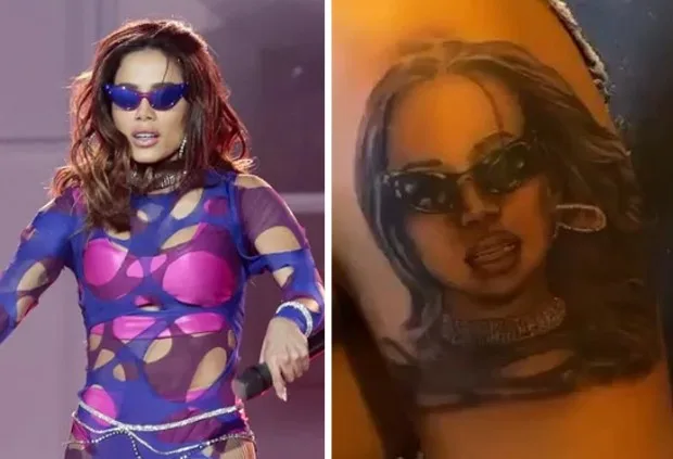 Cantor que abriu o show de Anitta no Rock in Rio tatua o rosto da poderosa no braço