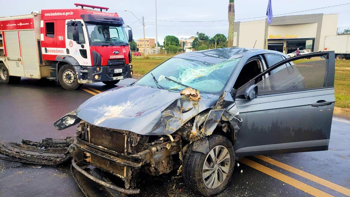 Carro fica destruído ao ser atingido por palmeira após colisão no interior do ES