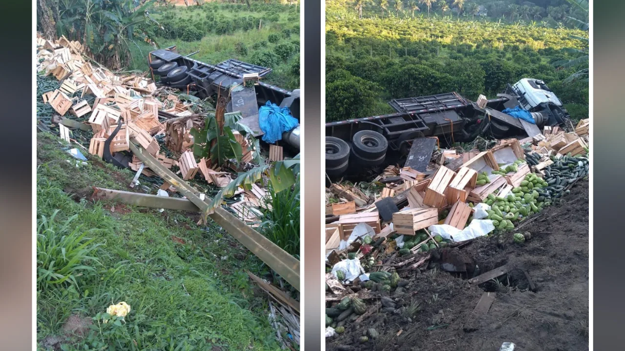 Caminhão com carga de legumes tomba na BR-101 e deixa um ferido no Sul do ES