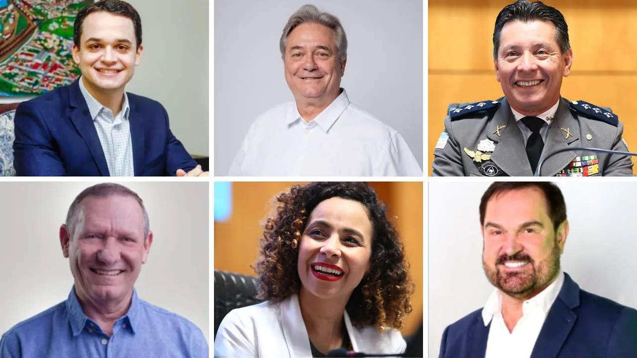 Candidatos a prefeito de Vitória: Lorenzo Pazolini, Luiz Paulo, Capitão Assumção, João Coser, Camila Valadão e Du. Fotos: Acervo/Folha Vitória