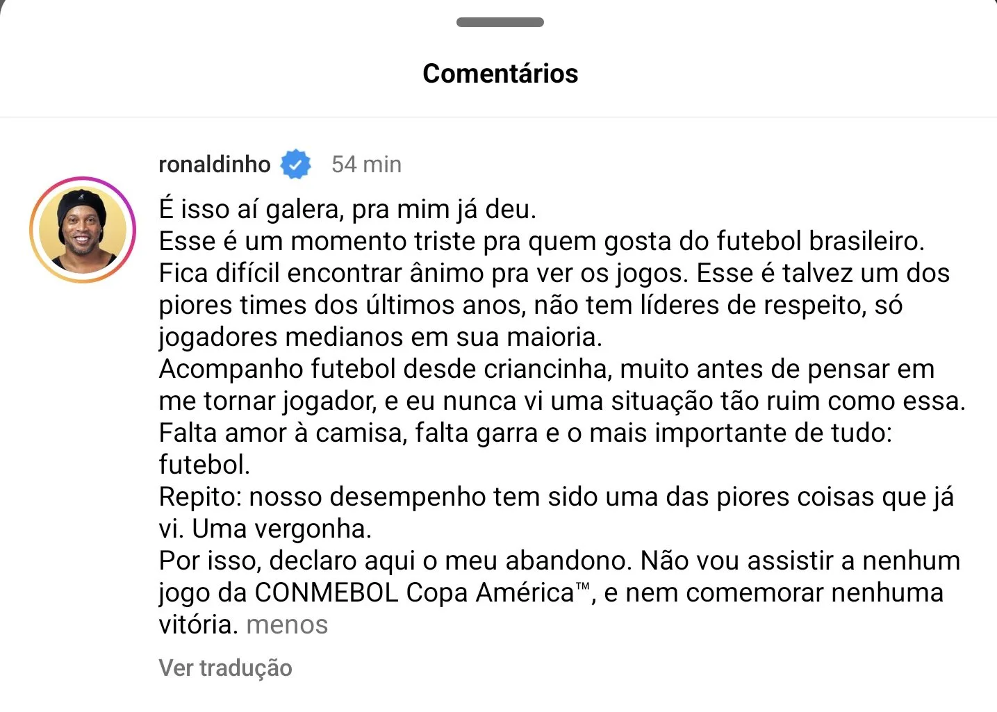 Verdade ou publicidade? Ronaldinho detona a Seleção Brasileira