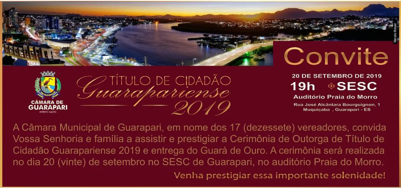 Cerimônia entregará nesta noite títulos de "Guará de Ouro" e “Cidadão Guarapariense”