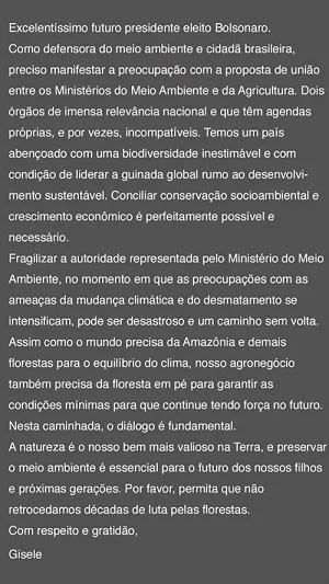 Gisele Bündchen critica possível ministério de Bolsonaro: "Permita que não retrocedamos"