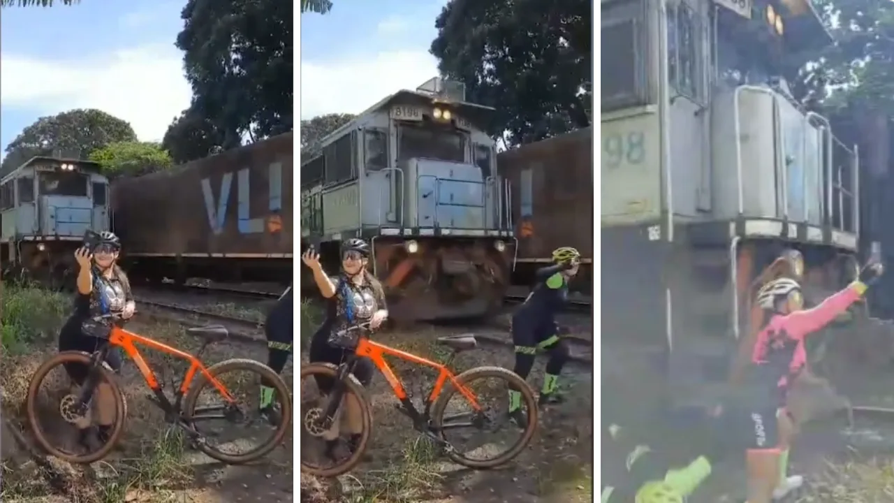 VÍDEO | Ciclista é atropelada por trem ao posar para selfie perto de trilhos