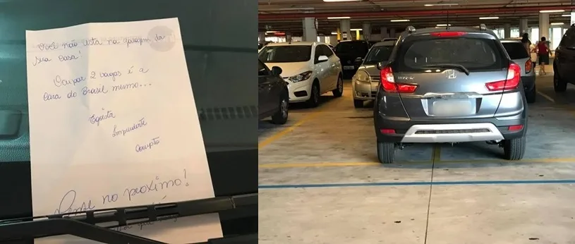 Motorista ocupa duas vagas em estacionamento e leva 'puxão de orelha' em bilhete