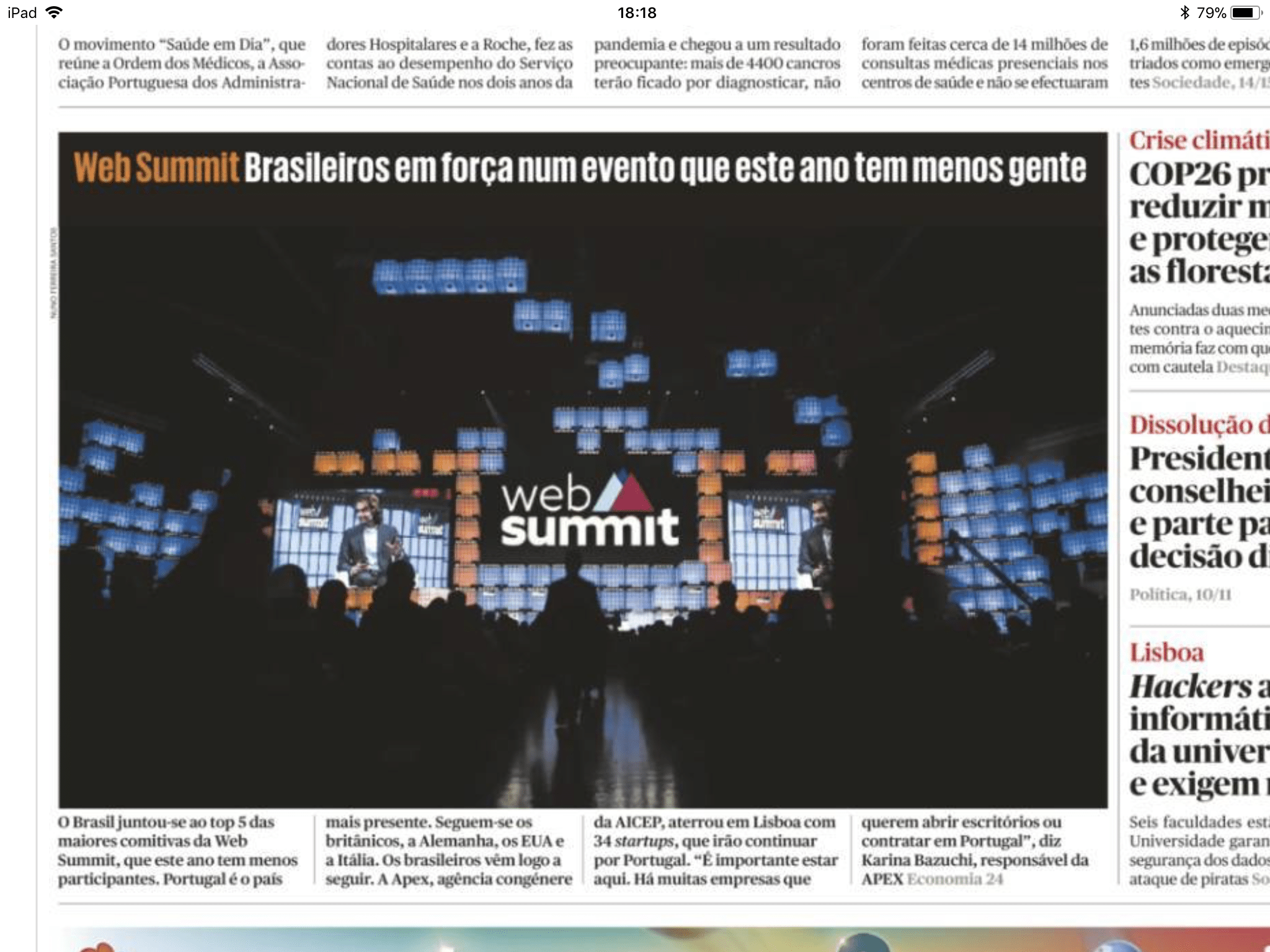 Capa do Jornal português O Público de ontem exalta a quantidade de brasileiros na Web Summit