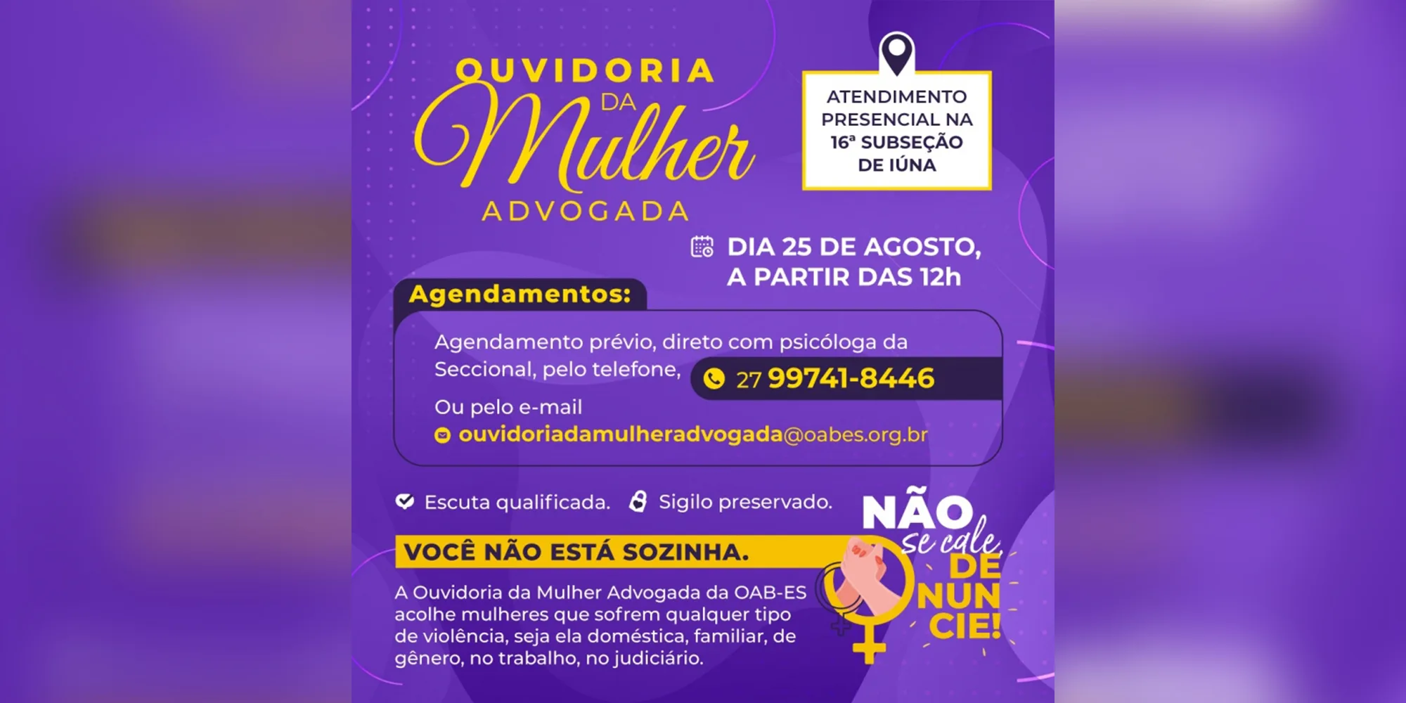 Ouvidoria da Mulher Advogada estará em Iúna na próxima quarta-feira (25/08)