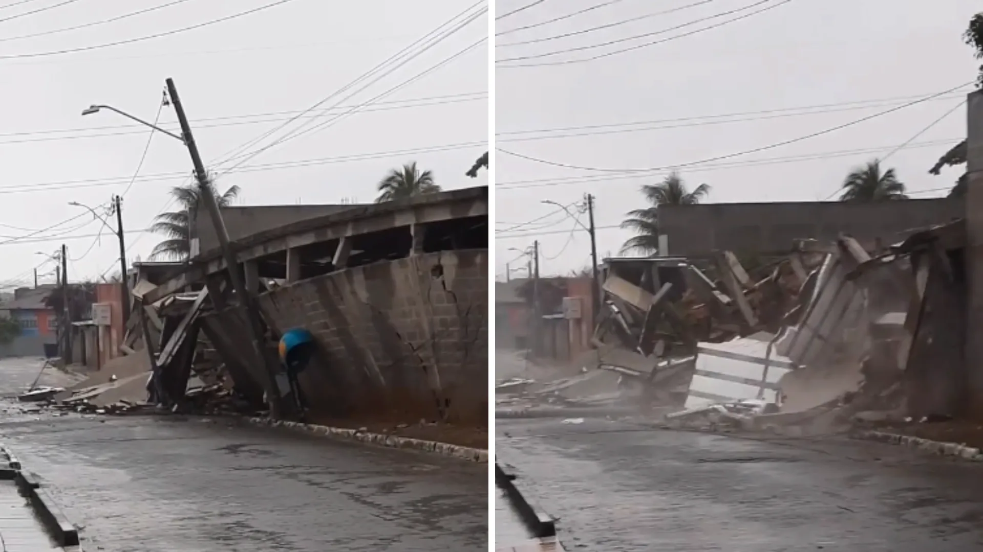 VÍDEO | Muro e poste desabam após fortes chuvas em Viana