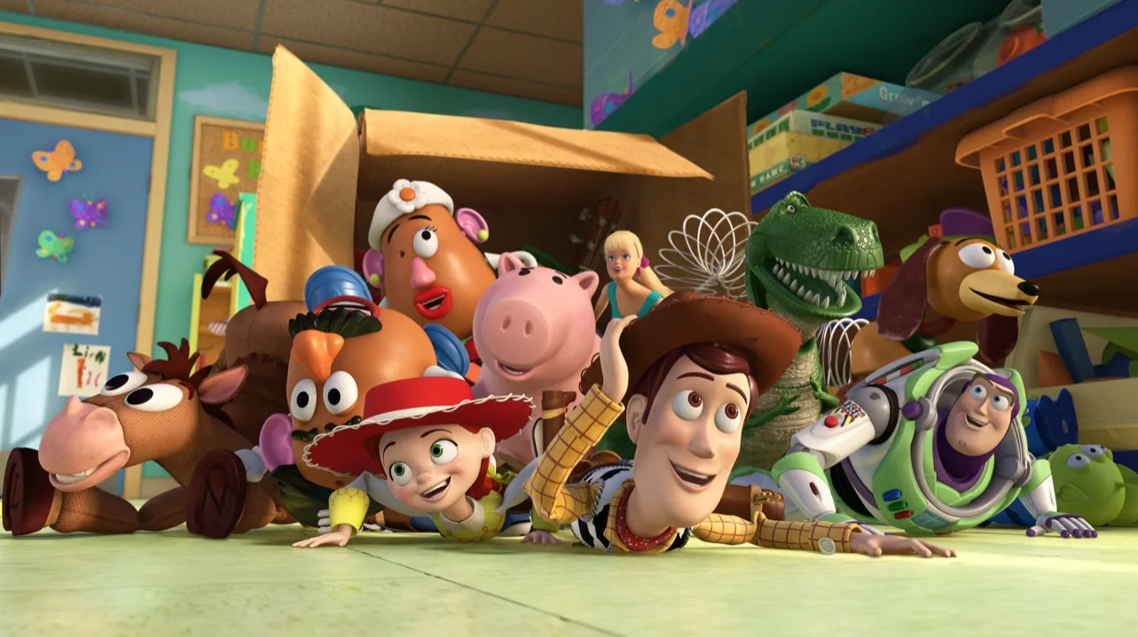 TOY STORY 3 (L-R) Bullseye, Mr. Potato Head, Mrs. Potato Head, Jessie, Hamm, Barbie, Woody, Rex, Slinky Dog, Buzz Lightyear, Aliens ©Disney/Pixar. All Rights Reserved.