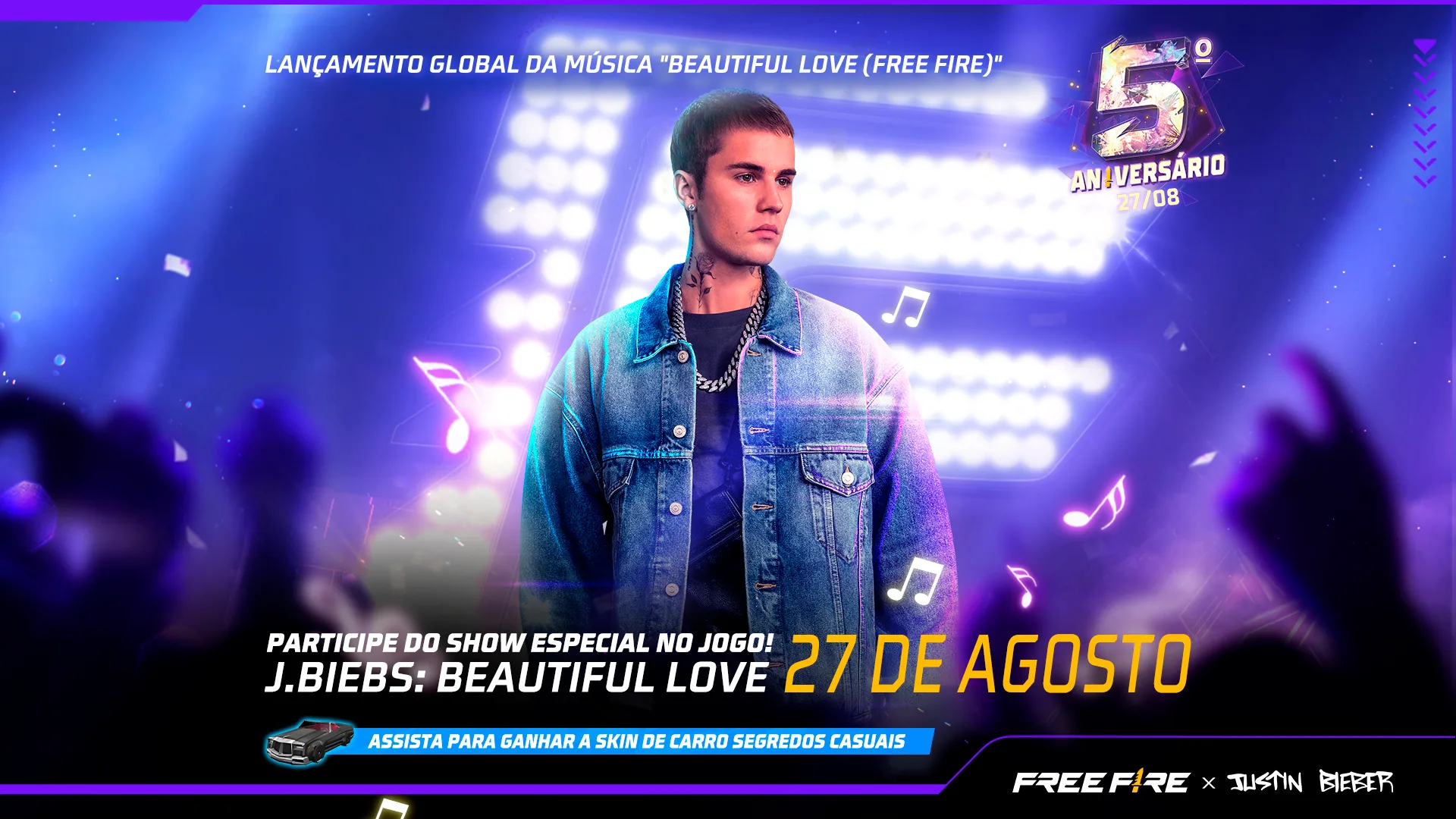 Free Fire celebra aniversário de 5 anos no dia 27 junto a Justin Bieber