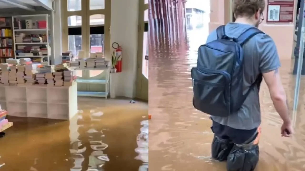 Vídeo de livraria de Porto Alegre inundada impressiona e dono pede por ajuda; veja