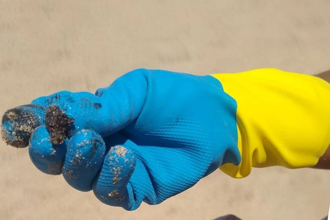 Voluntários retiram óleo de praia em Morro de São Paulo, na Bahia