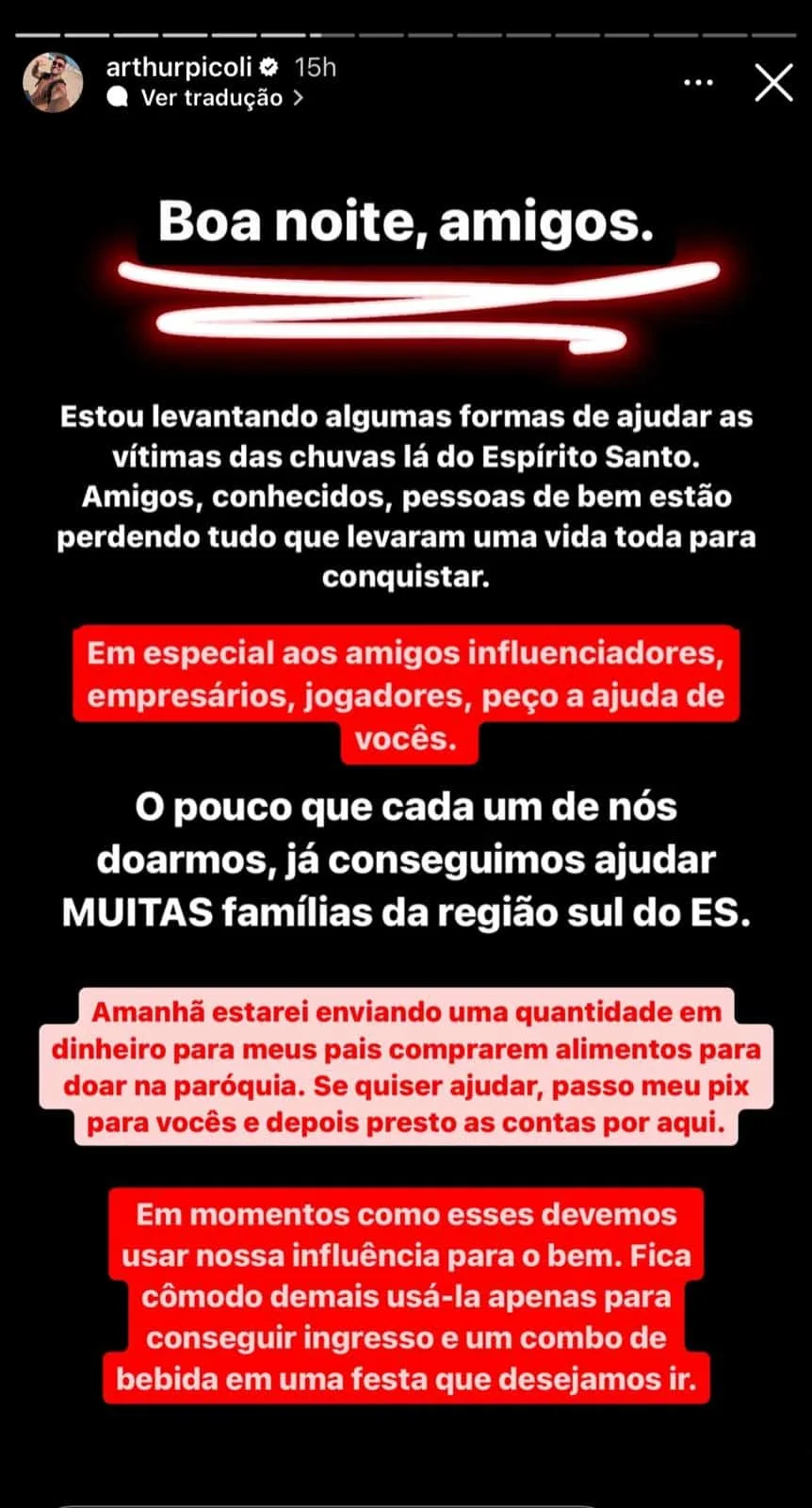 Arthur Picoli mobiliza Pix para doar dinheiro e ajudar vítimas de chuvas no ES (Foto: Reprodução/Instagram @arthurpicoli)