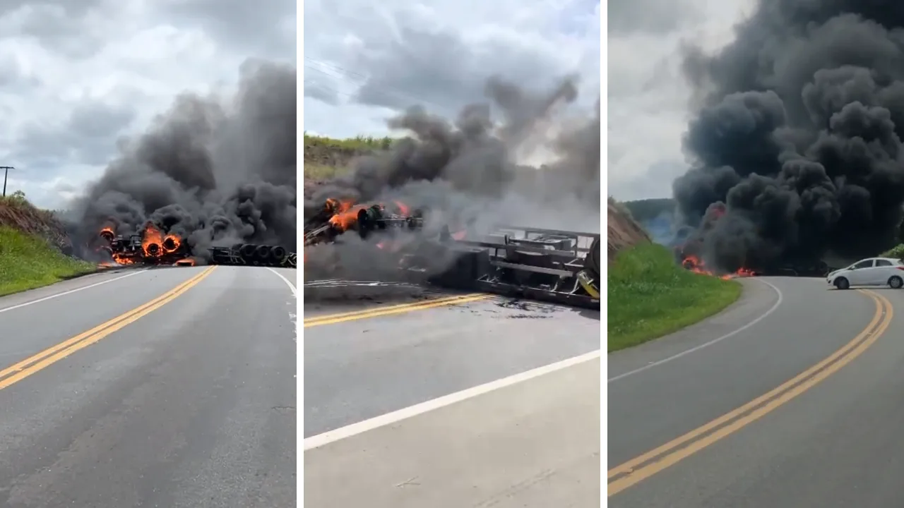 VÍDEO | Carreta tomba, pega fogo e uma pessoa morre na BR-101; rodovia é interditada