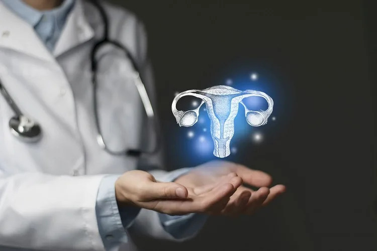 Reproductive system issues medical concept. Photo of female doctor, empty space.