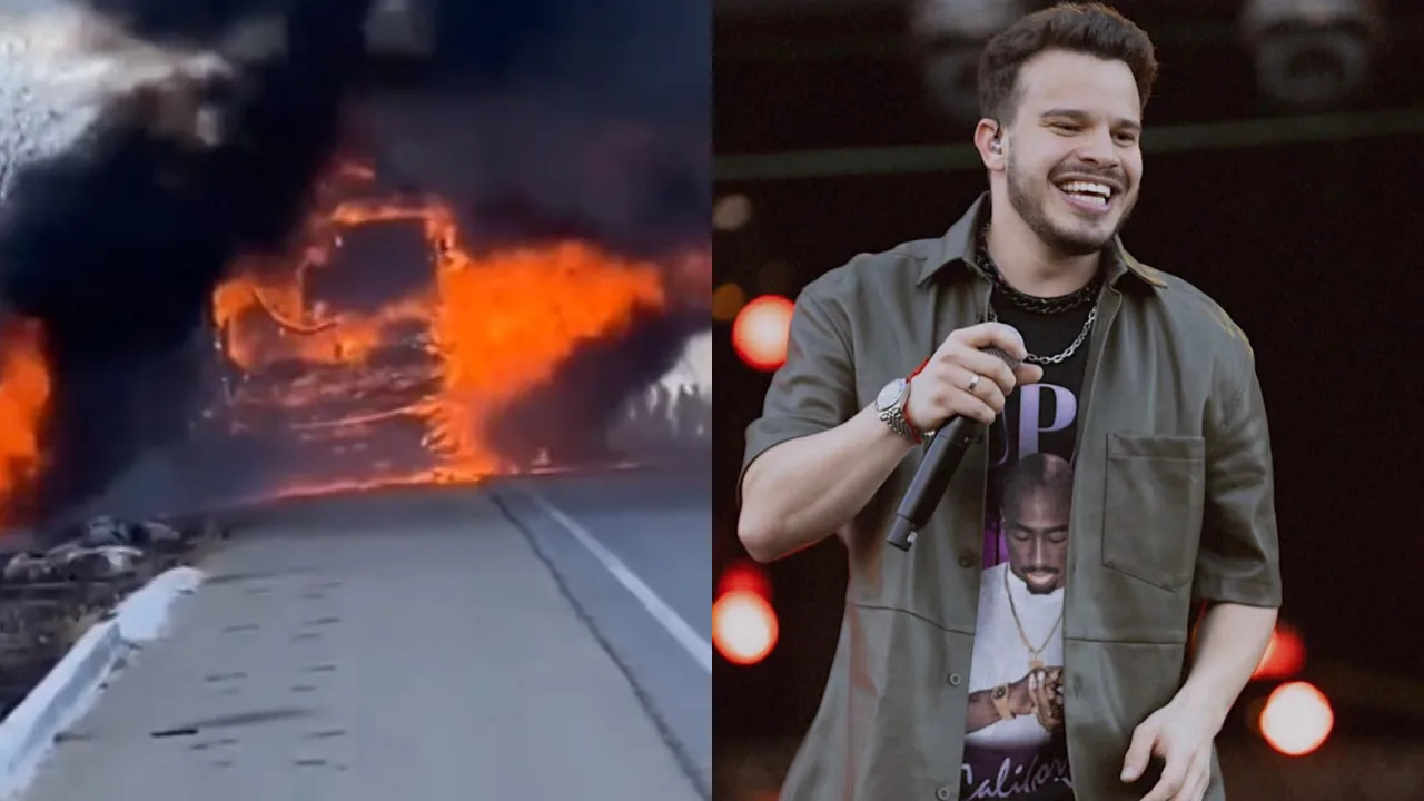 VÍDEO | Ônibus que levava banda do cantor Matheus Fernandes pega fogo