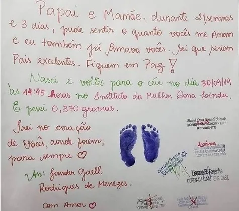 Equipe de enfermagem faz carta de despedida para pais após morte de bebê: 'eu já amava vocês'