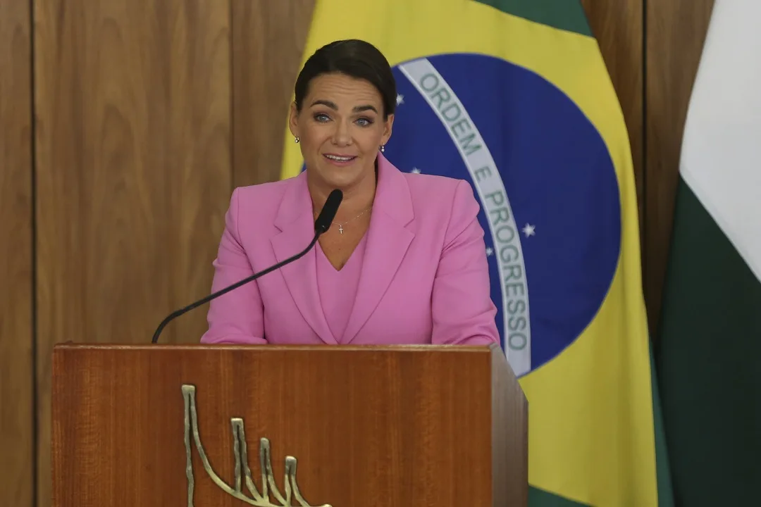 A presidente da Hungria, Katalin Novák , durante declaração à imprnesa, no Palácio do Planalto