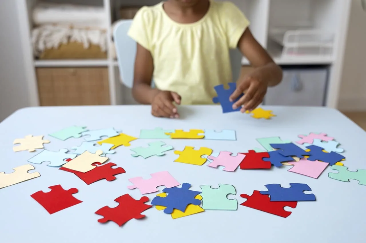 Menina montando quebra-cabeças em mesa