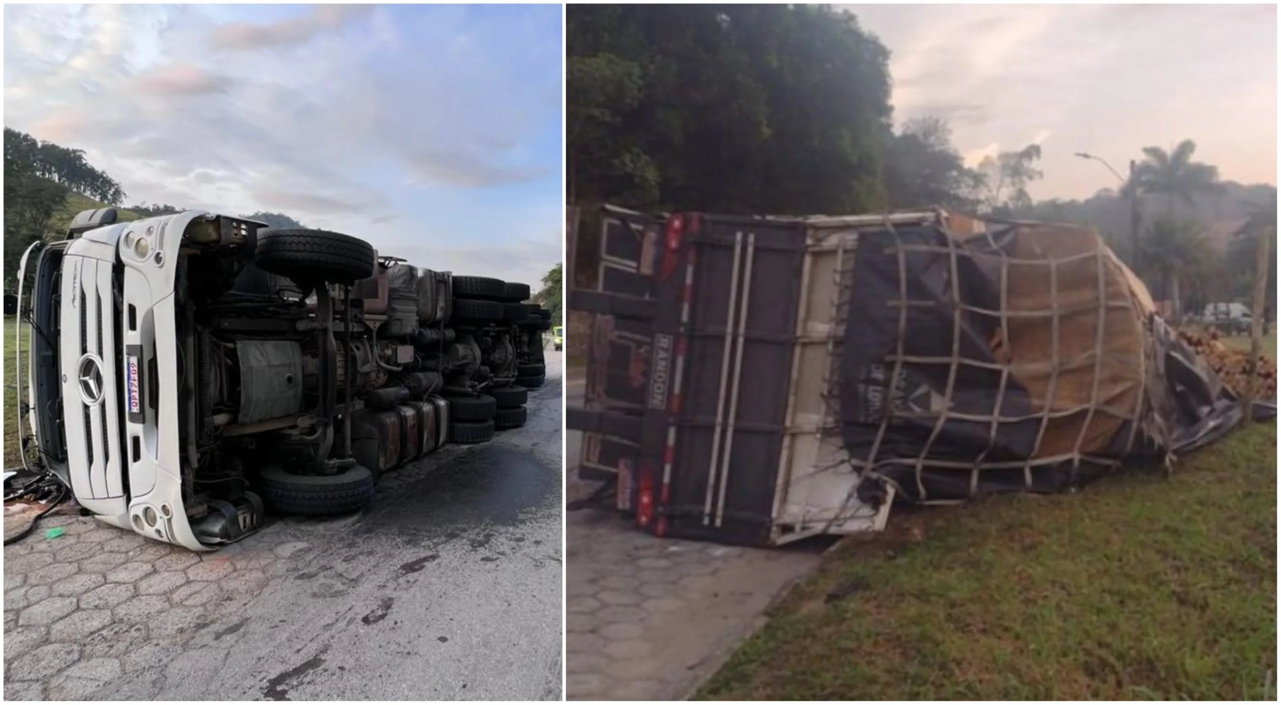 Caminhoneiro tem mal súbito e carreta tomba na BR-101, em Ibiraçu