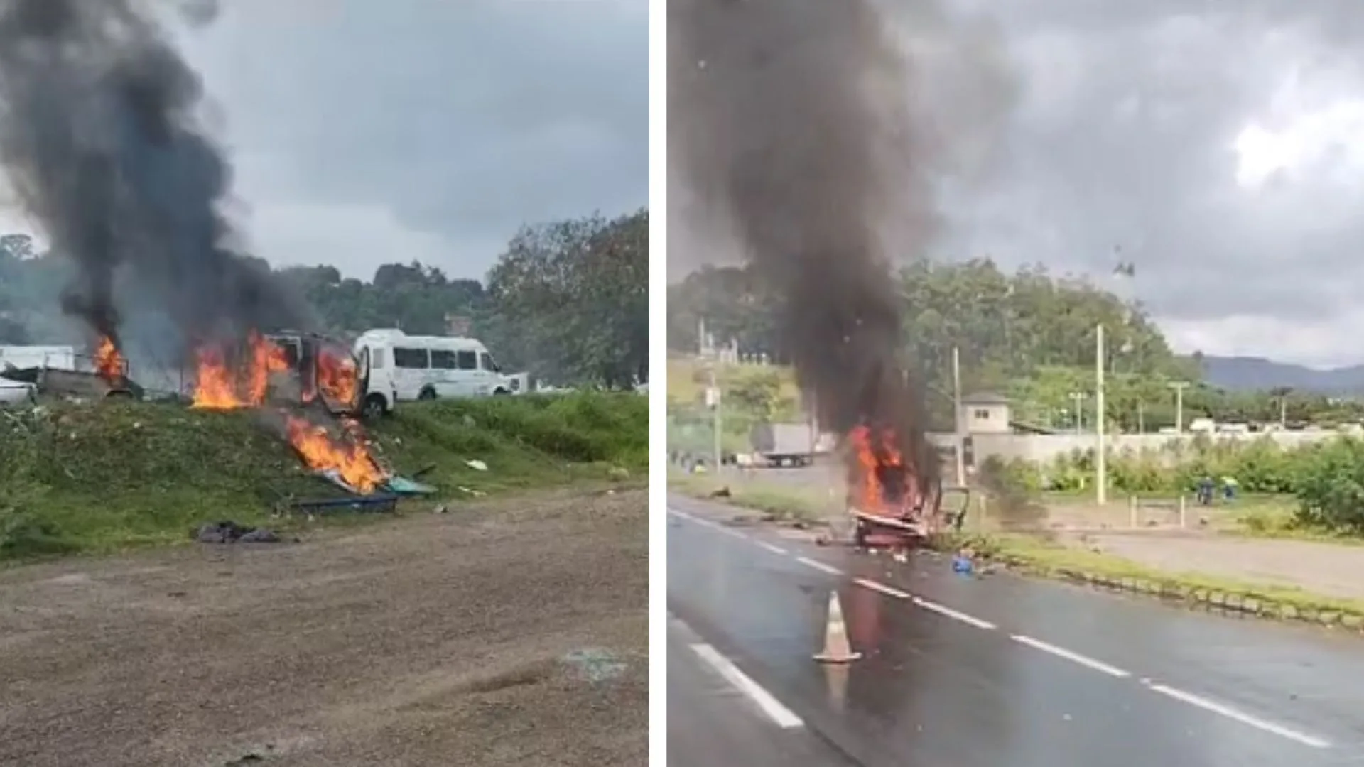 Carro pega fogo e trabalhadores ficam feridos na BR-101 em Cariacica