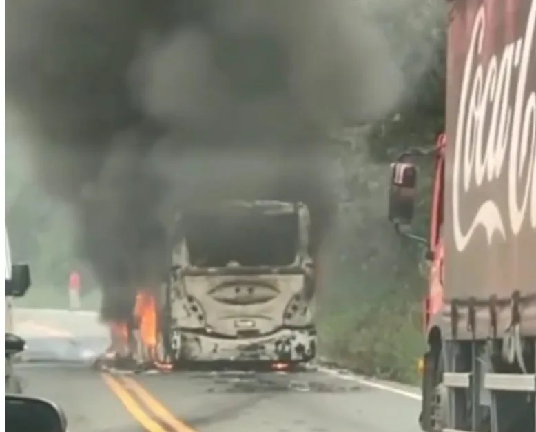 VÍDEO | Ônibus fica destruído após pegar fogo na BR-262 no ES