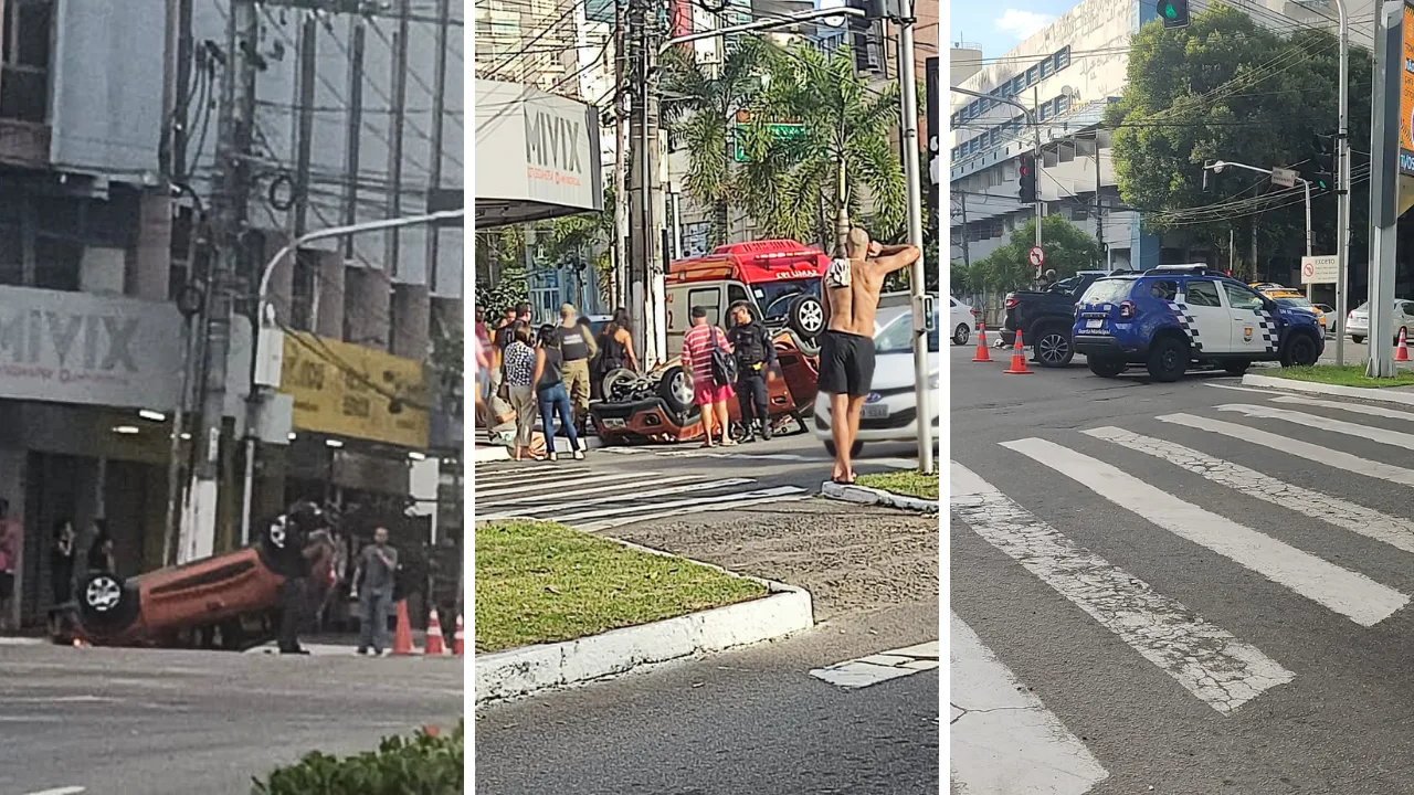 Casal de idosos fica ferido após carro capotar em cruzamento na Reta da Penha