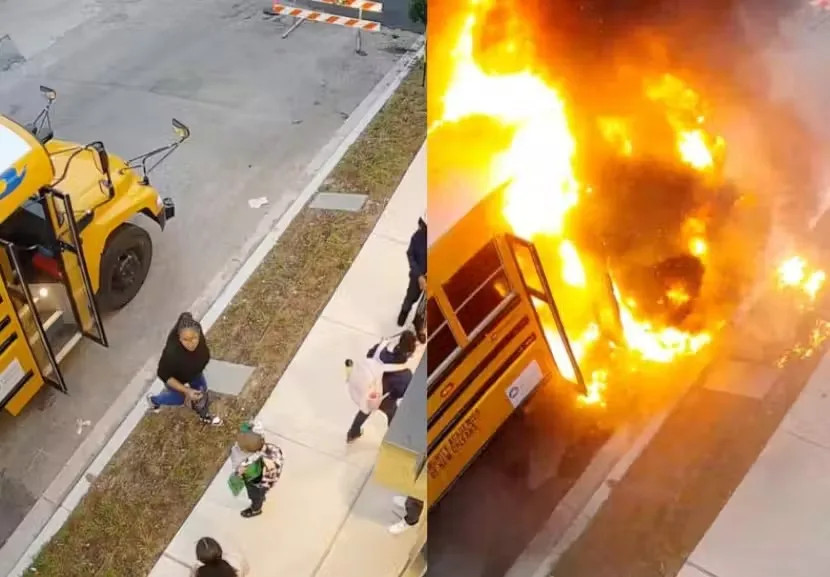 Mulher salva 9 crianças antes de ônibus escolar pegar fogo. Veja vídeo