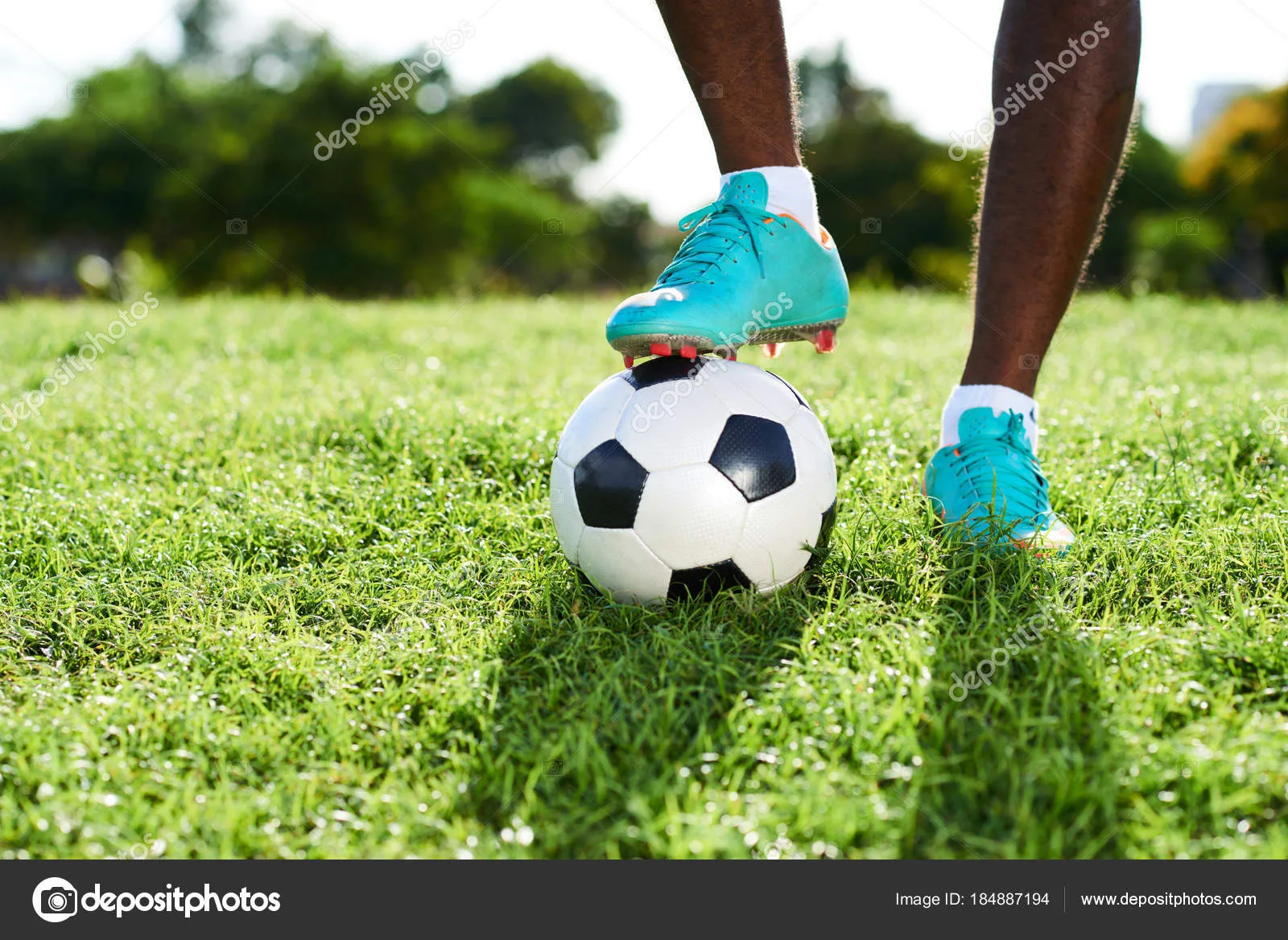 Close-up shot of unrecognizable professional soccer player wearing football boots standing at sunny field with one foot on ball