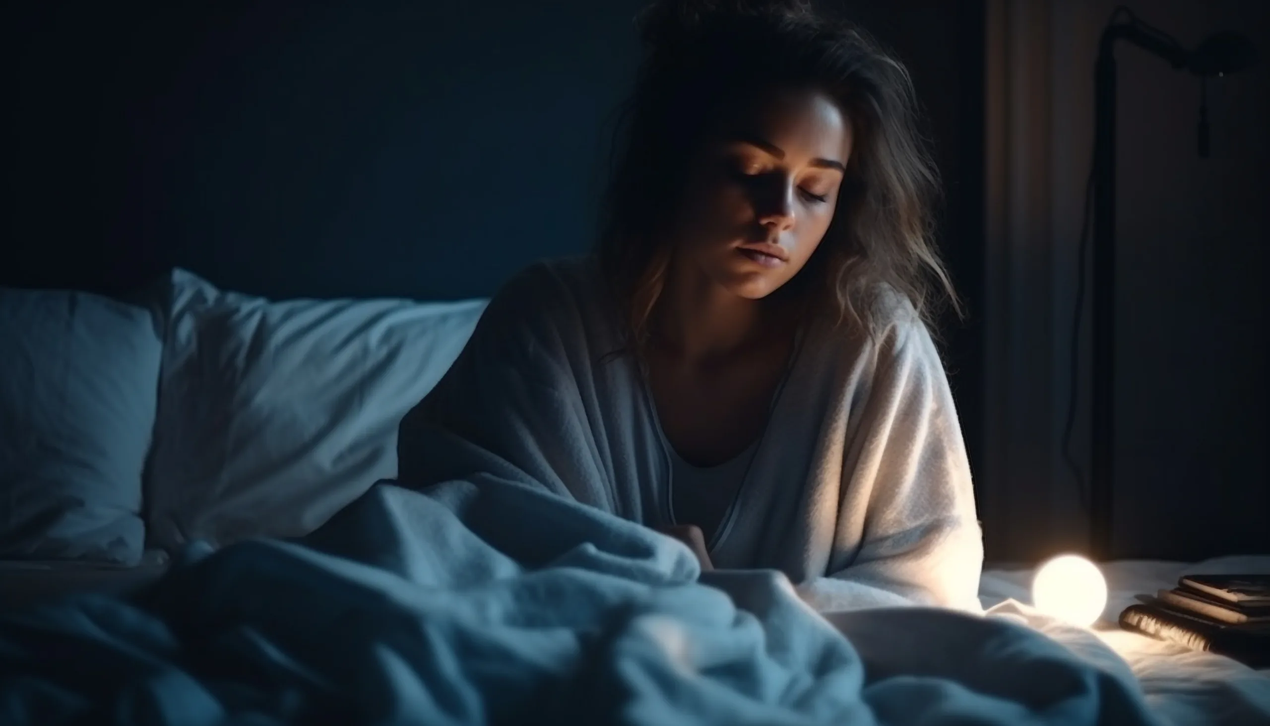 Young woman resting in dark, lonely bedroom generated by artificial intelligence