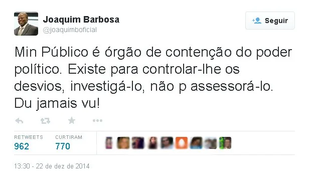 No Twitter, Joaquim Barbosa critica Dilma por consulta ao MP