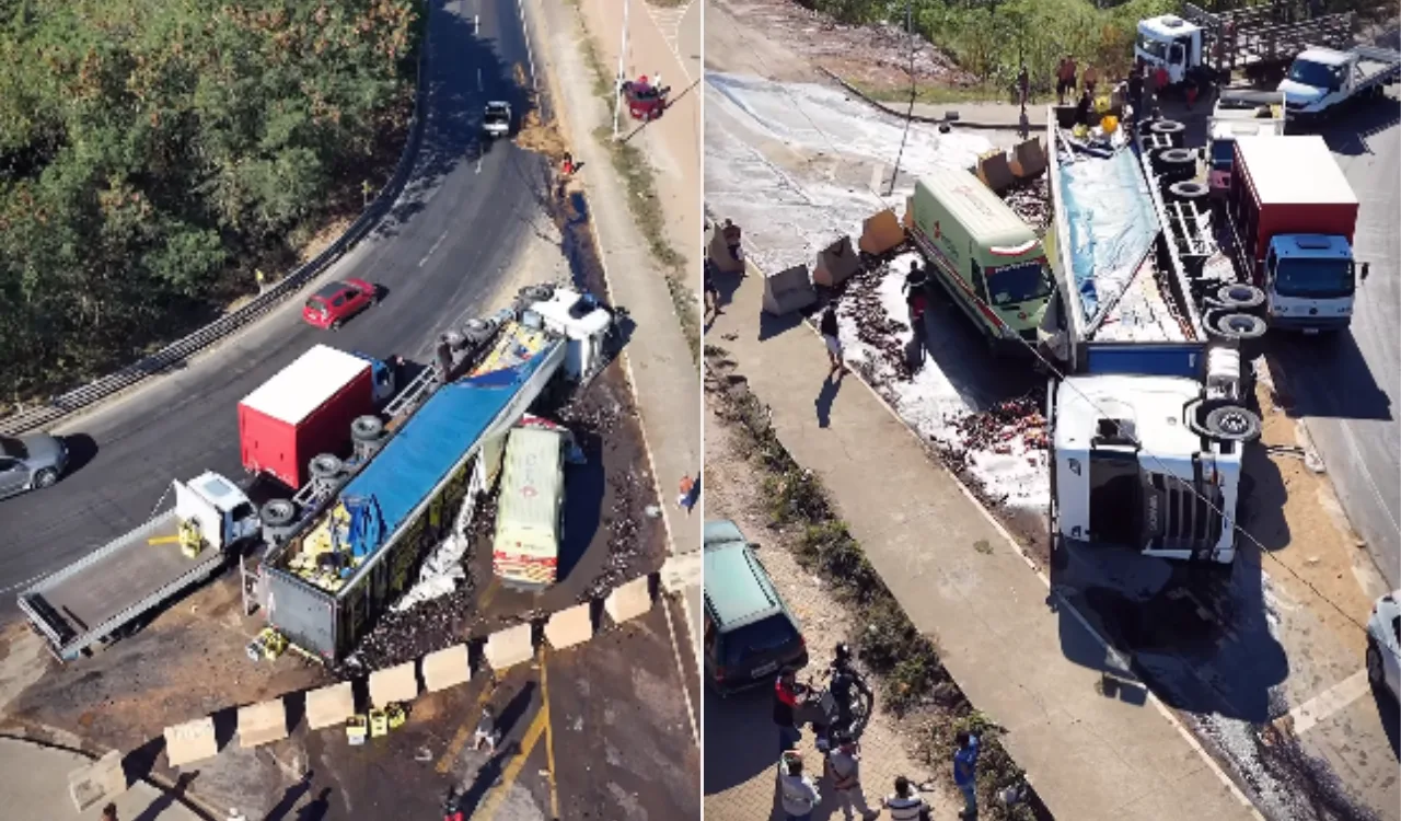 VÍDEO | Caminhão carregado de cerveja tomba na Rodovia Leste Oeste