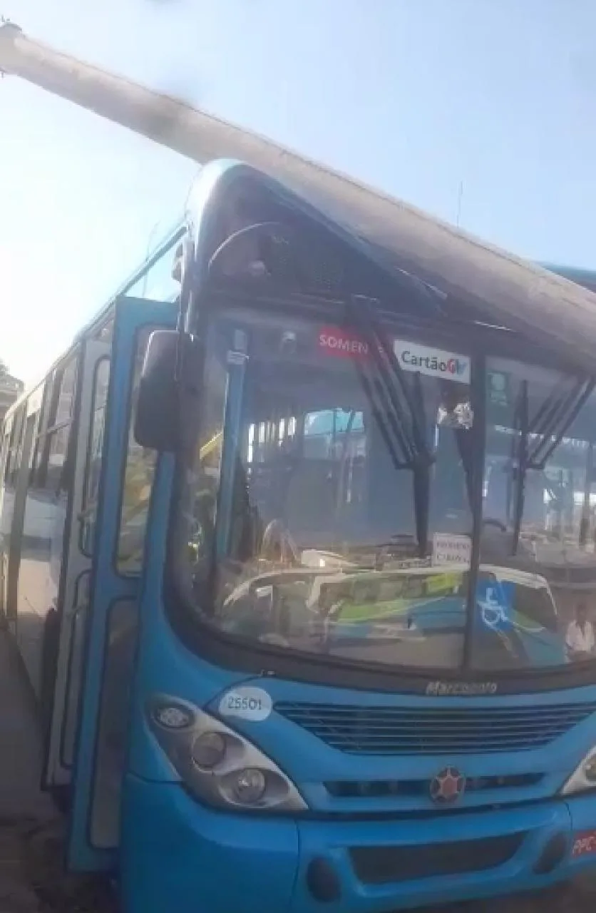 VÍDEO | Poste cai em ônibus do Transcol no Terminal de Itacibá, em Cariacica