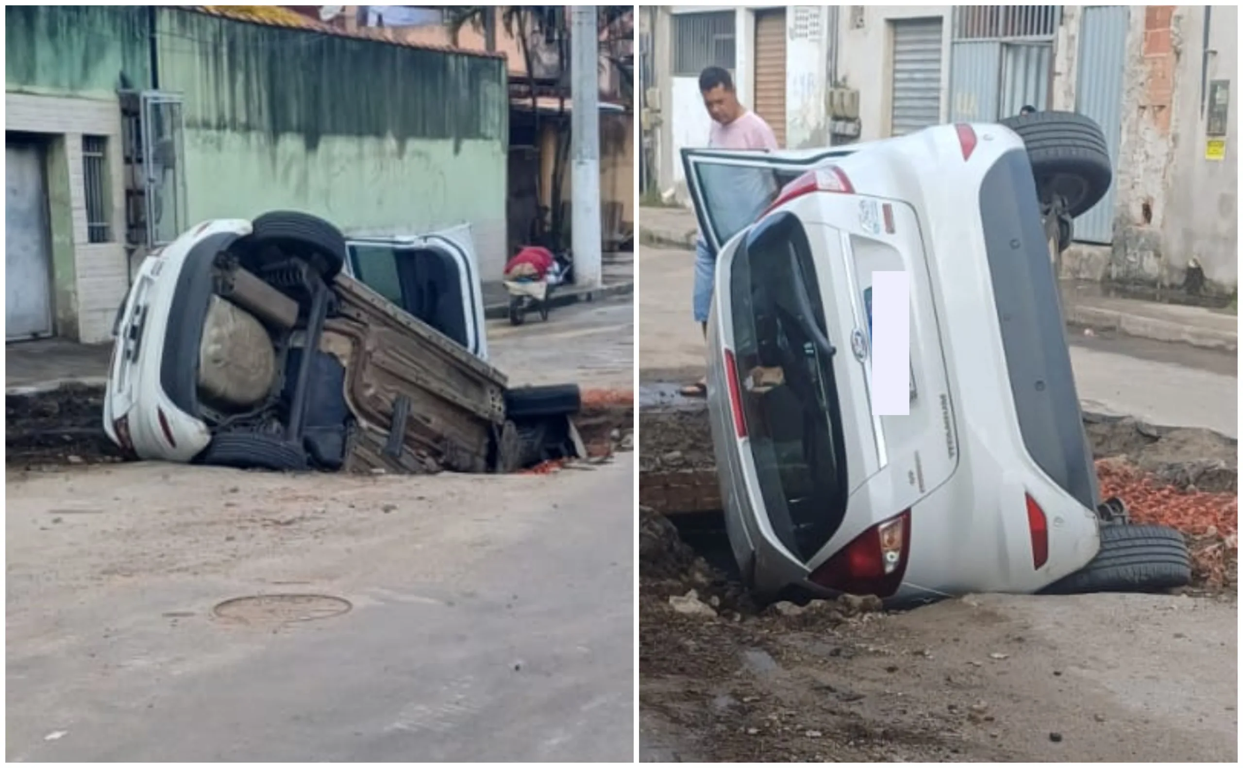 VÍDEO | Susto! Carro cai em buraco de obra em Vila Velha